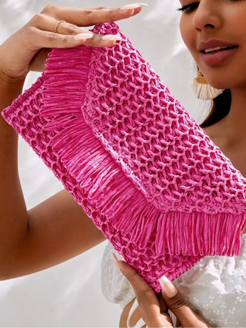 Pink Fringe Knit Clutch Bag